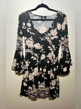 Angie Black Floral V-Neck Bell Sleeve Dress with Blush Roses